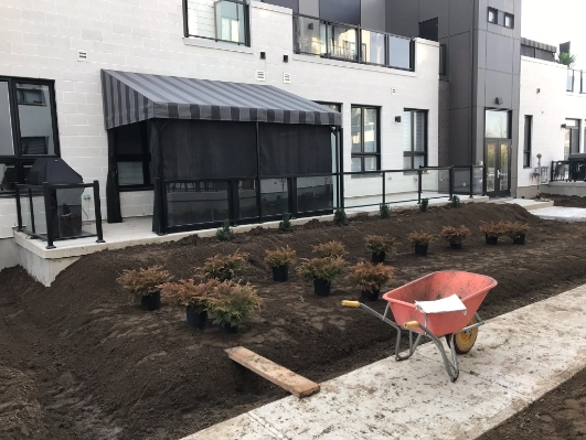 Une brouette est posée devant un bâtiment avec une véranda grillagée.