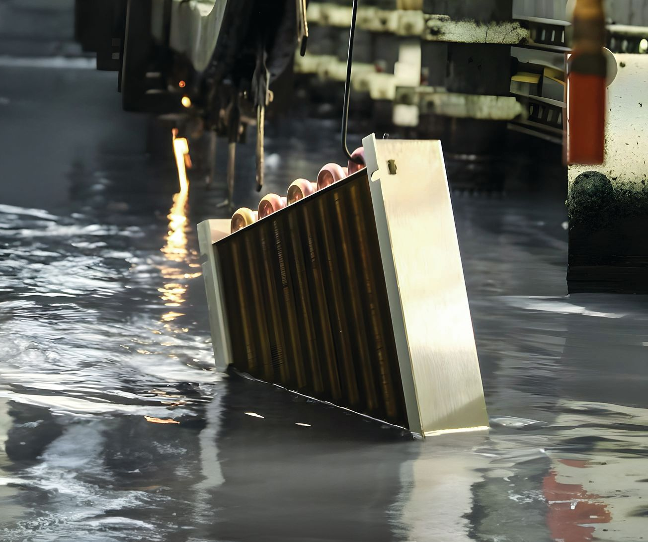 Industrial machine cutting a metal panel in a flooded workshop, with sparks and water on the floor
