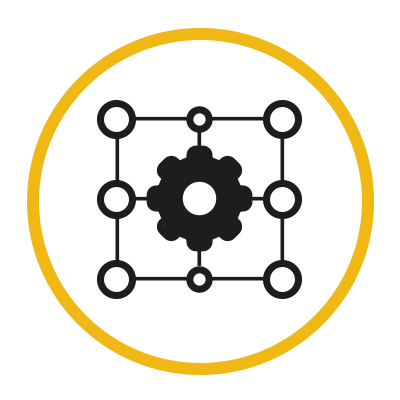 Um ícone preto e branco de uma engrenagem em um círculo amarelo.