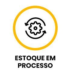 Um ícone de uma engrenagem em um círculo amarelo com as palavras estoque em processo escritas abaixo dele.