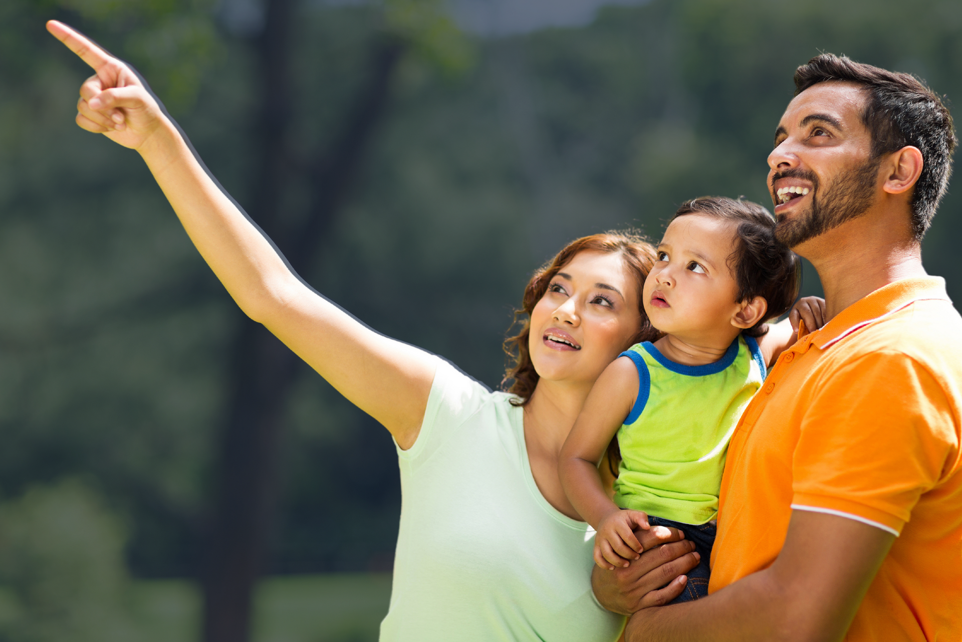 A man and woman are holding a child and pointing at something.