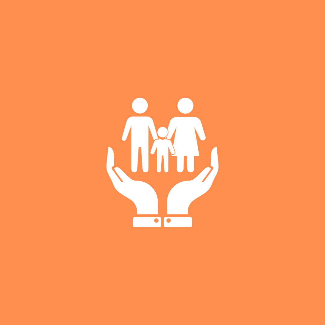 Hands cupping a family of three (mother, father, child) on an orange background, symbolizing care and protection.