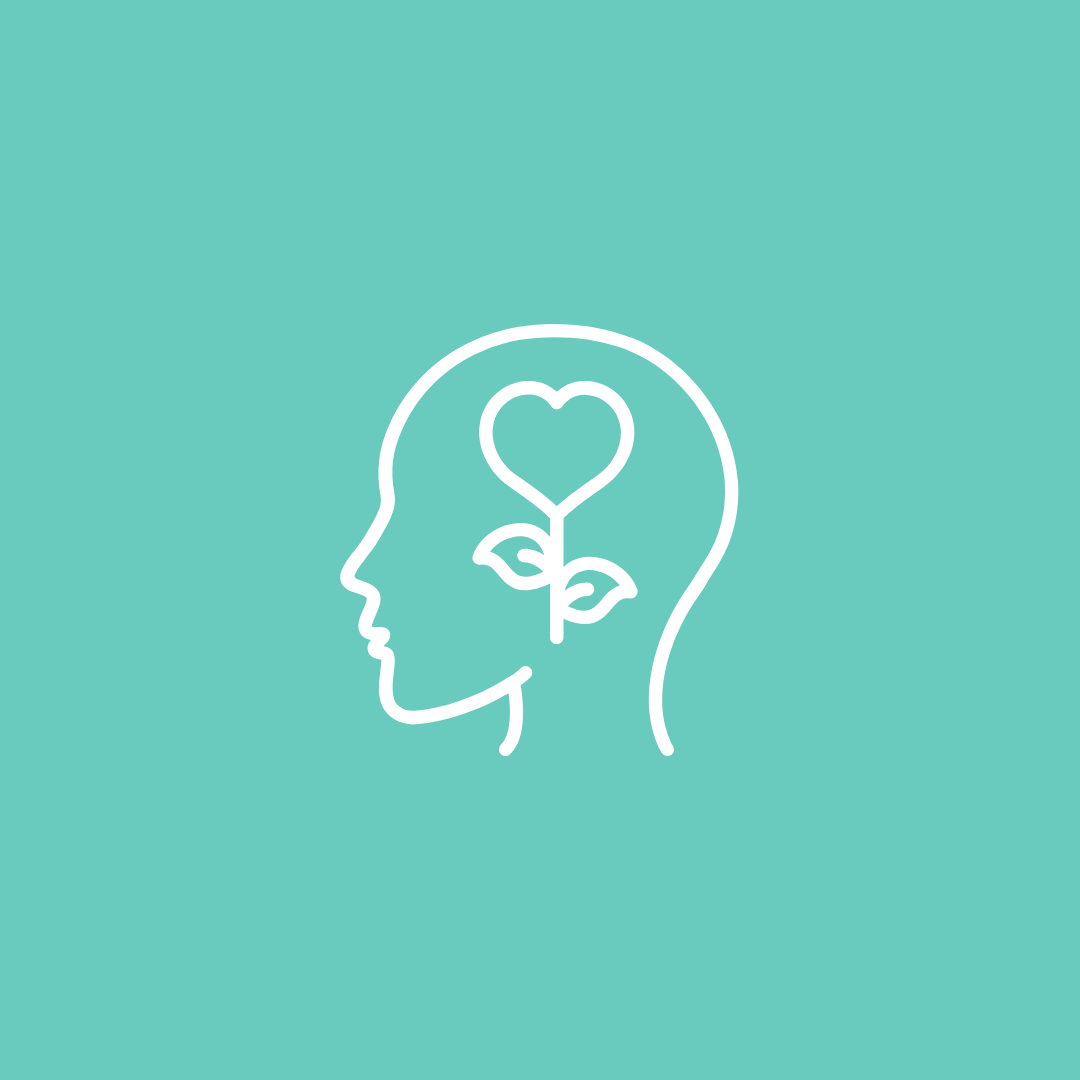 White outline of a head with a flower-shaped heart growing inside, on a teal background.