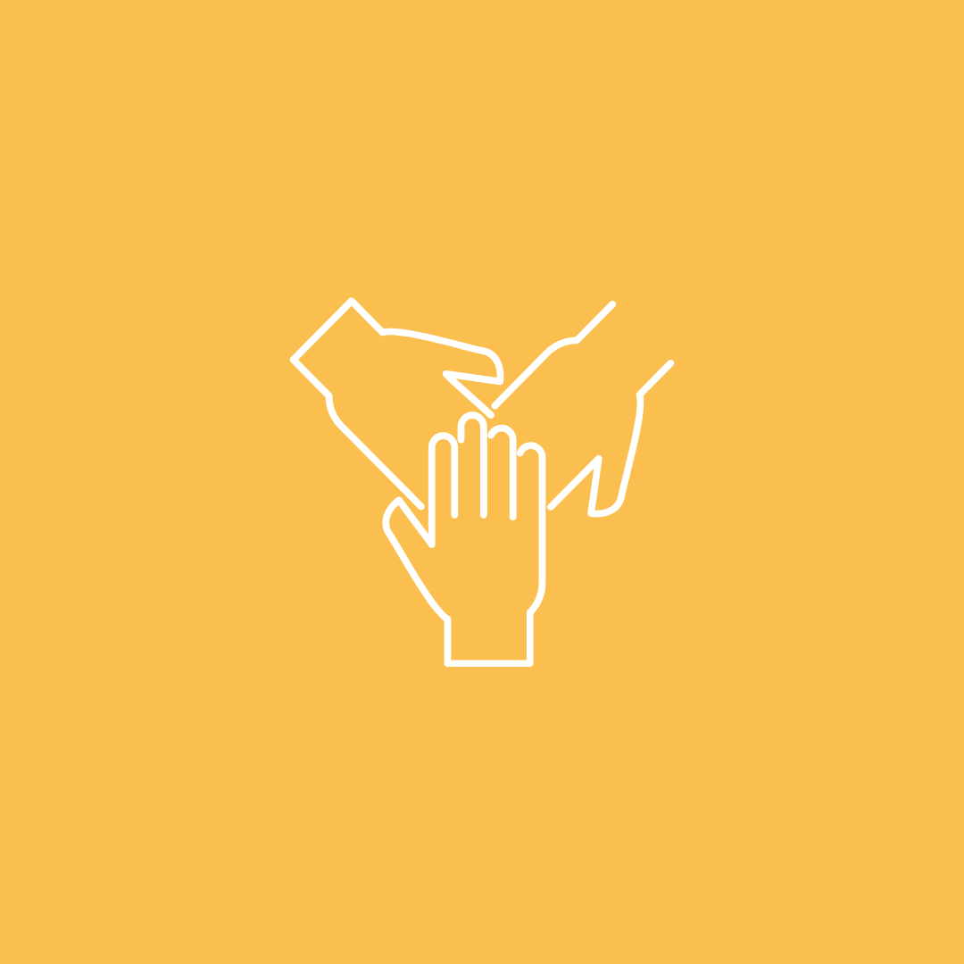 Three hands together in support, outlined in white on a yellow background.