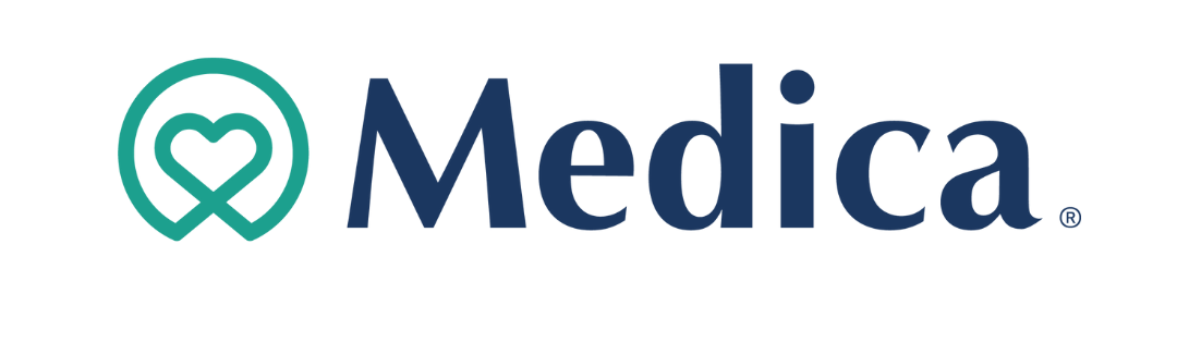 Medica logo with a heart inside a circle in teal, next to the word 