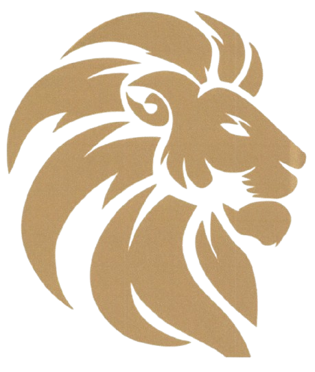 Golden stylized lion head logo on a white background