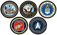 Five U.S. military service seals in a 2-row layout on a white background