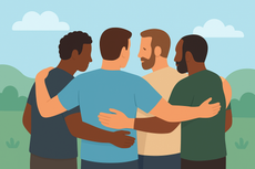 Four people with arms around each other in a circle, in a green field with blue sky.