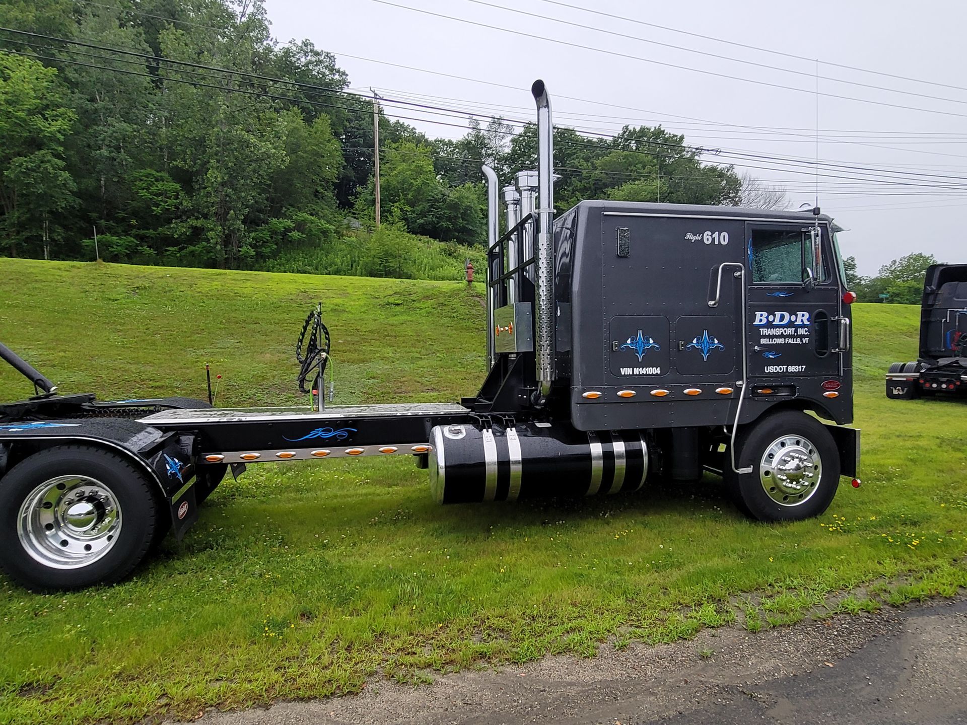 A black semi truck is parked in a grassy field.