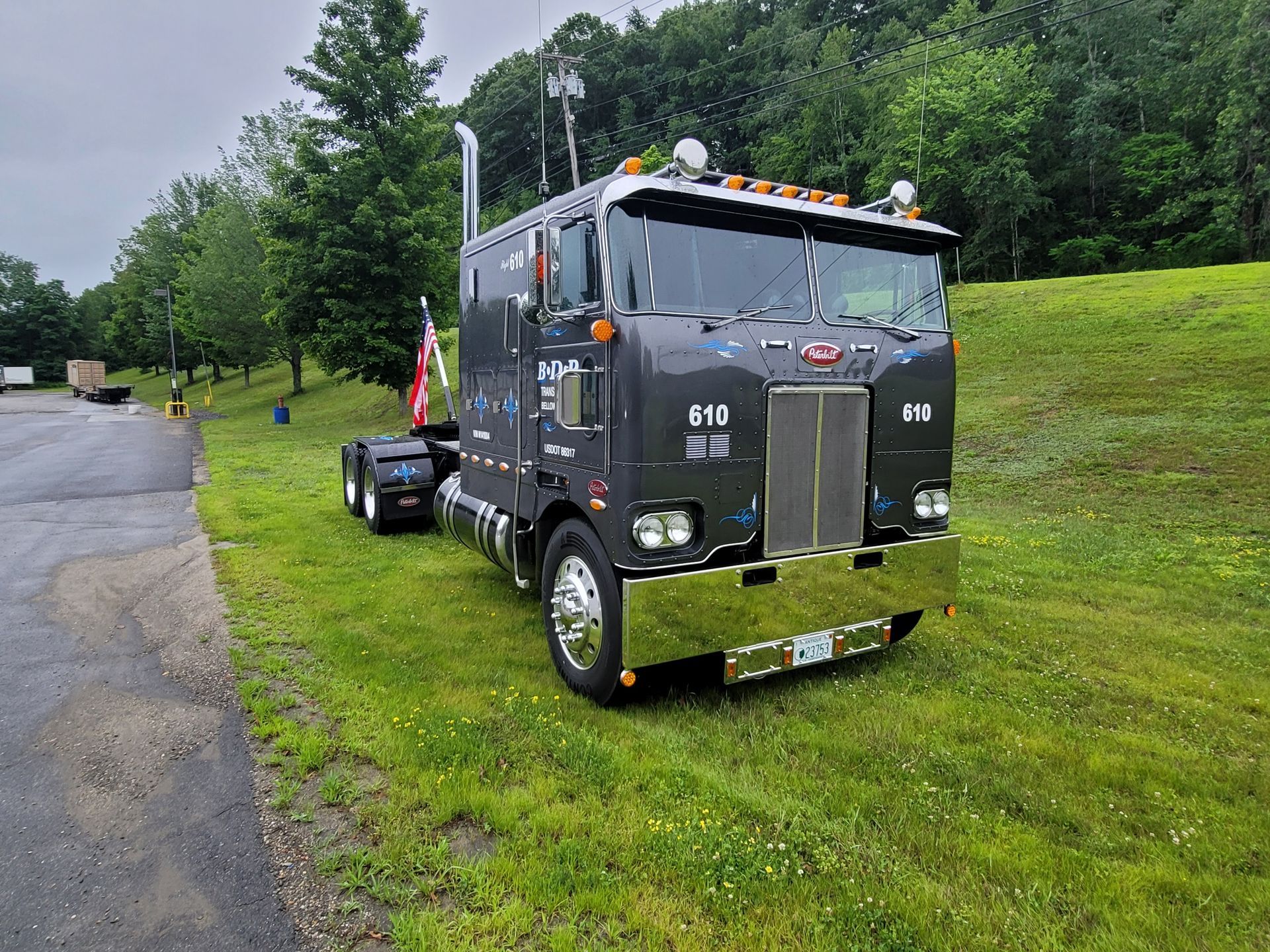 A black semi truck is parked in a grassy field.