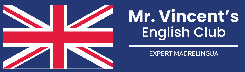 Bandiera Union Jack accanto alla scritta "Mr. Vincent's English Club" su sfondo blu.