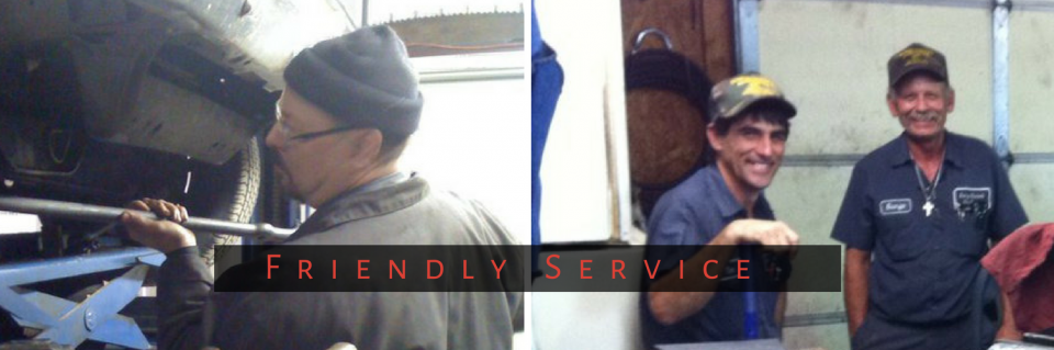 Three mechanics in a garage setting with a car lifted in the background; a "FRIENDLY SERVICE" label overlays the image.