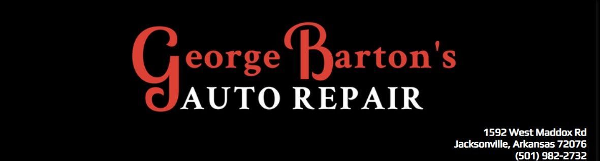 Logo for George Barton's Auto Repair, featuring red and white text on a black background with address and phone number.