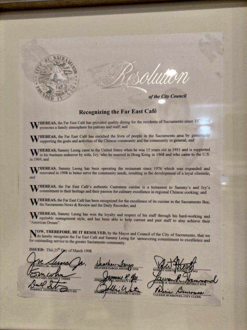 Recognition Award - Sacramento, CA - Far East Café