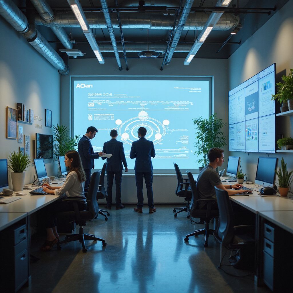 Office with people working on computers and looking at a large screen with data visualizations.