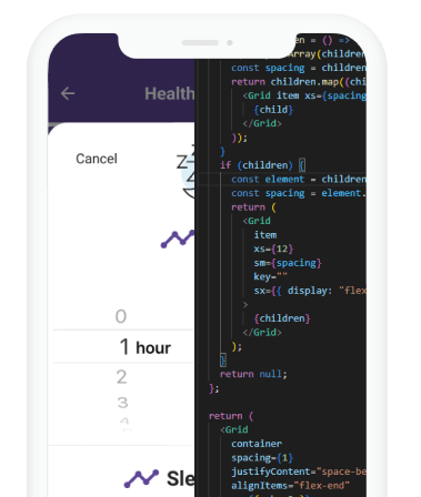 A mobile app displaying a health data graph and code, with options for canceling and viewing details.