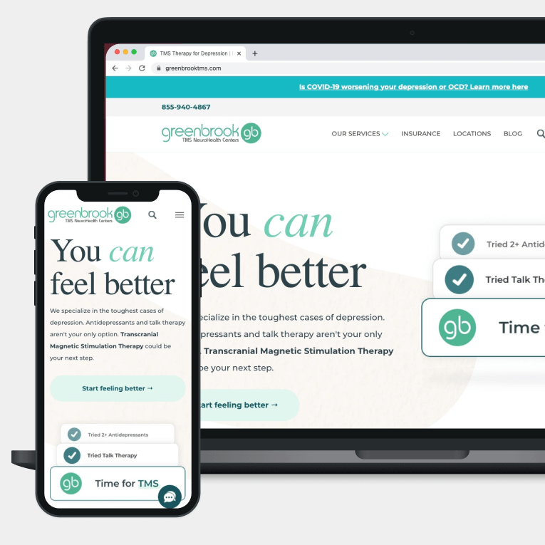 Website for Greenbrook TMS on laptop and phone, with text: 