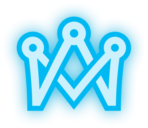 Blue, glowing crown icon with an 
