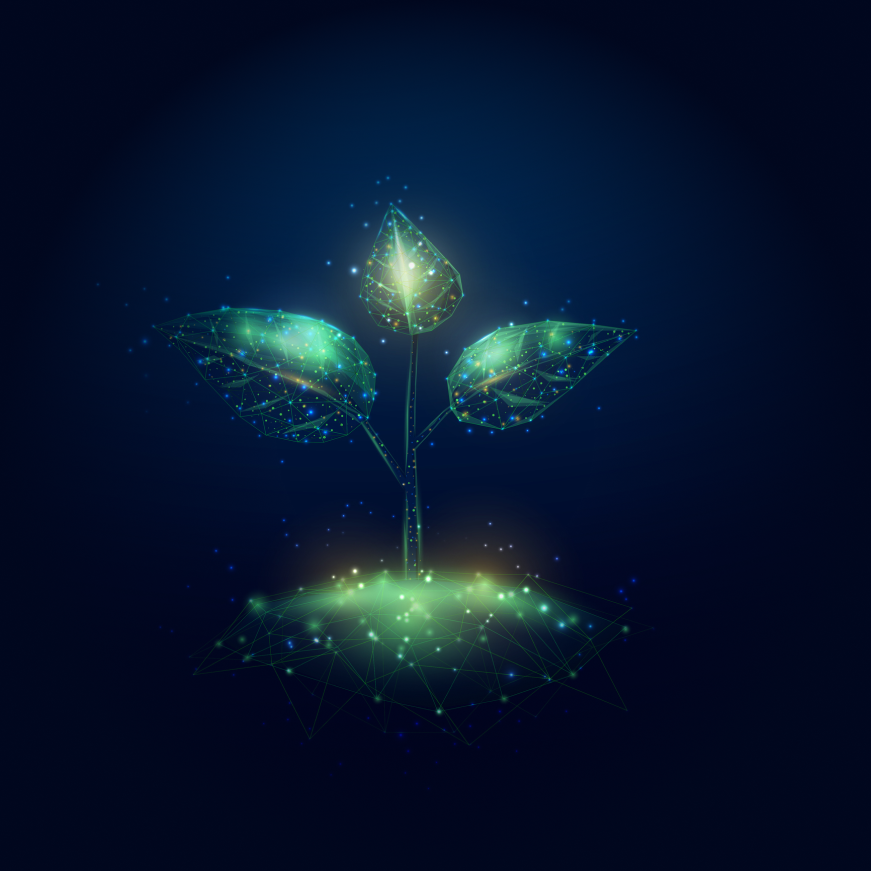 Glowing plant sprout in digital network form on dark blue background.
