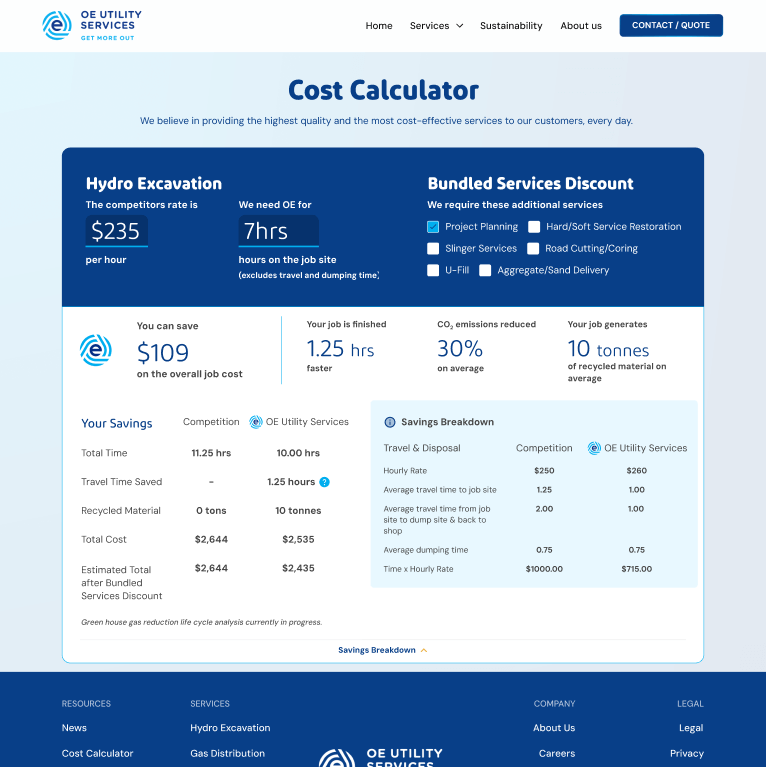 Cost calculator showing Hydro Excavation and Bundled Services Discount, with a breakdown of savings and costs, using a blue theme.