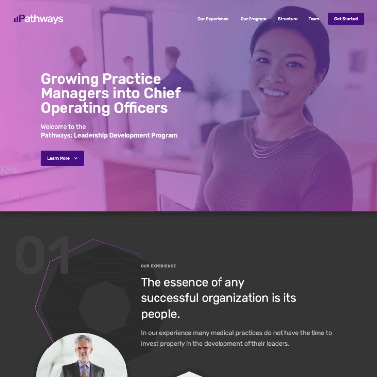 Website promoting a leadership development program, featuring a smiling woman and text highlighting the importance of people in an organization.