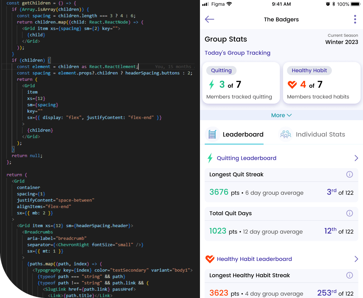 Code and mobile app showing group stats: active members, activities, and leaderboard.