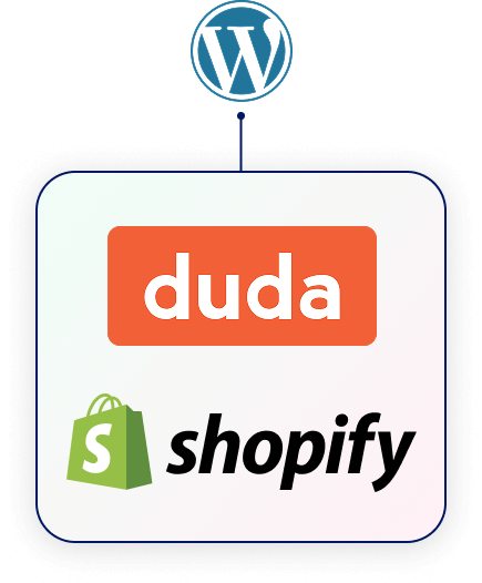 WordPress logo above a box containing the Duda logo and Shopify logo.