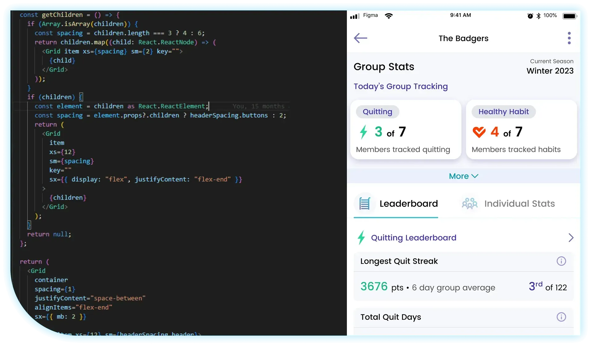 Code and a mobile app displaying a study tracker interface with data and progress.