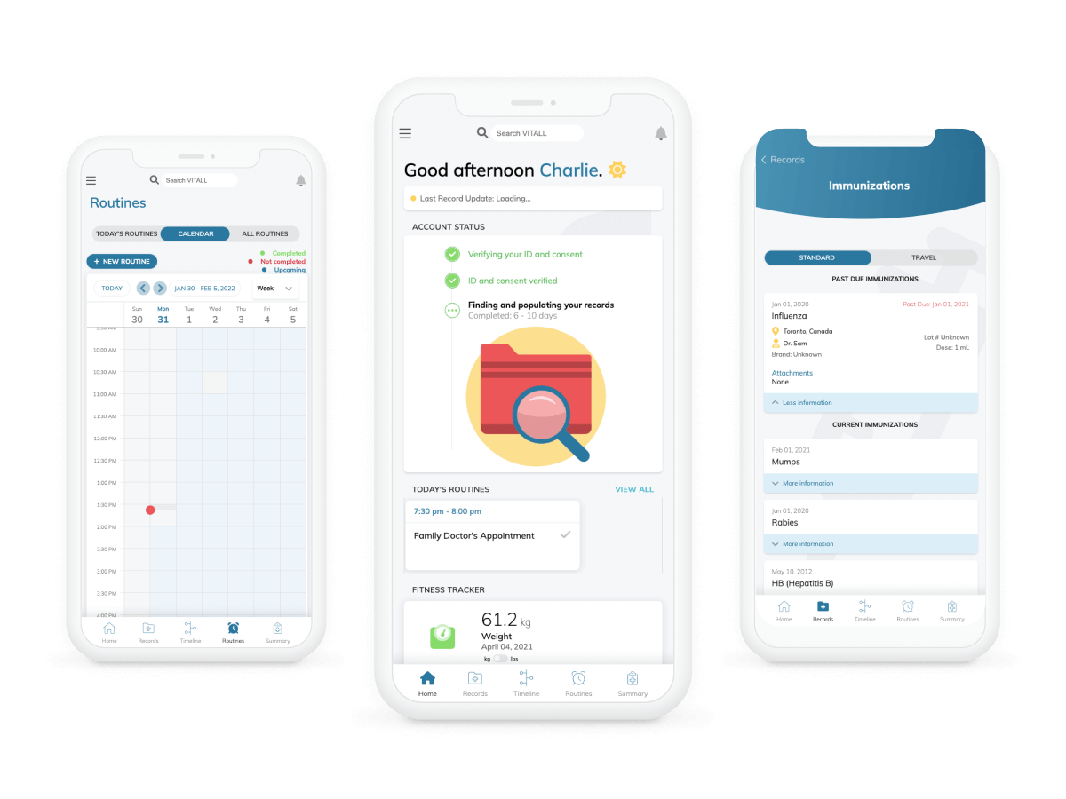 Three mobile screens displaying a medical app. The first shows a graph. The second, a folder icon with a magnifying glass. The third, a list.