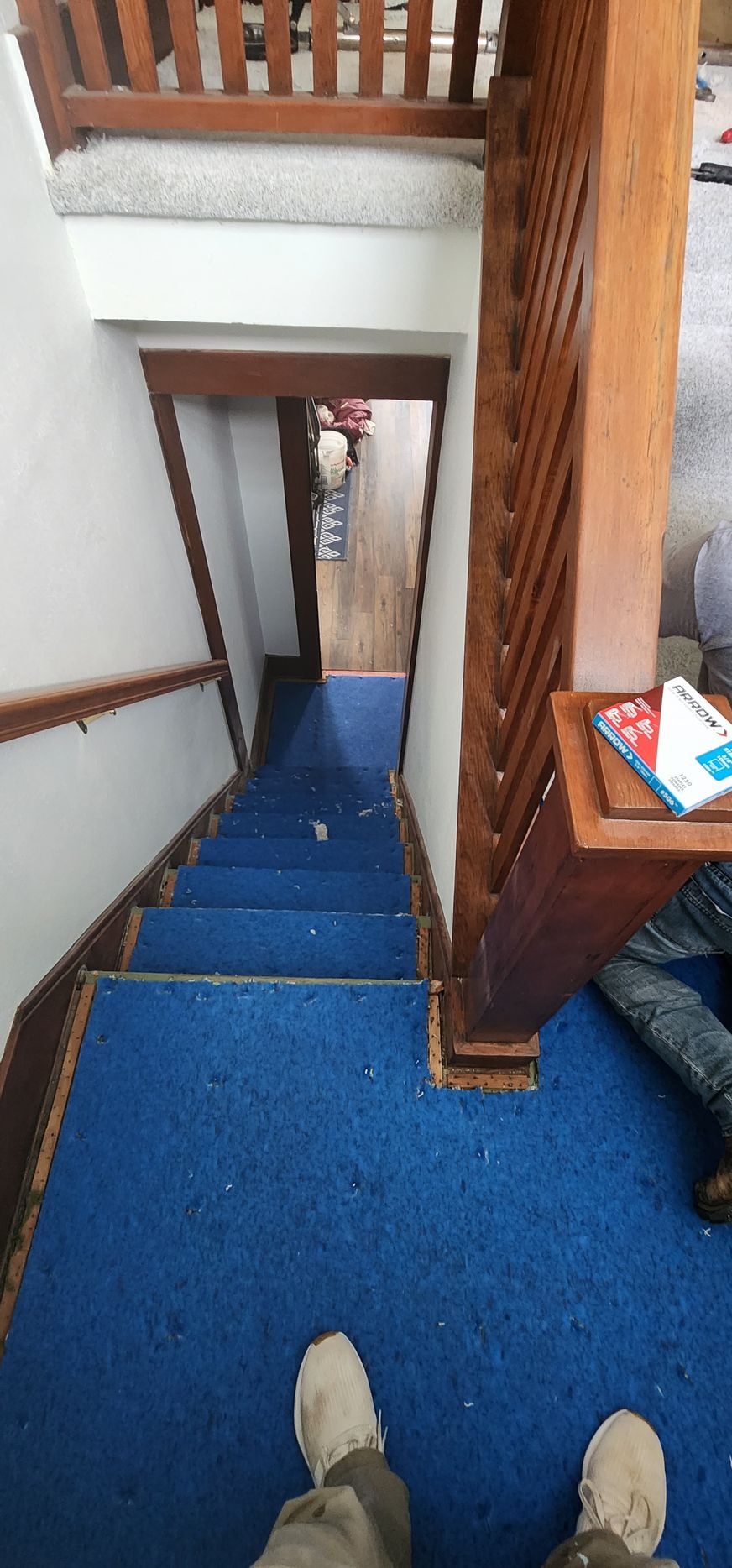 A person is standing on a blue carpeted staircase.