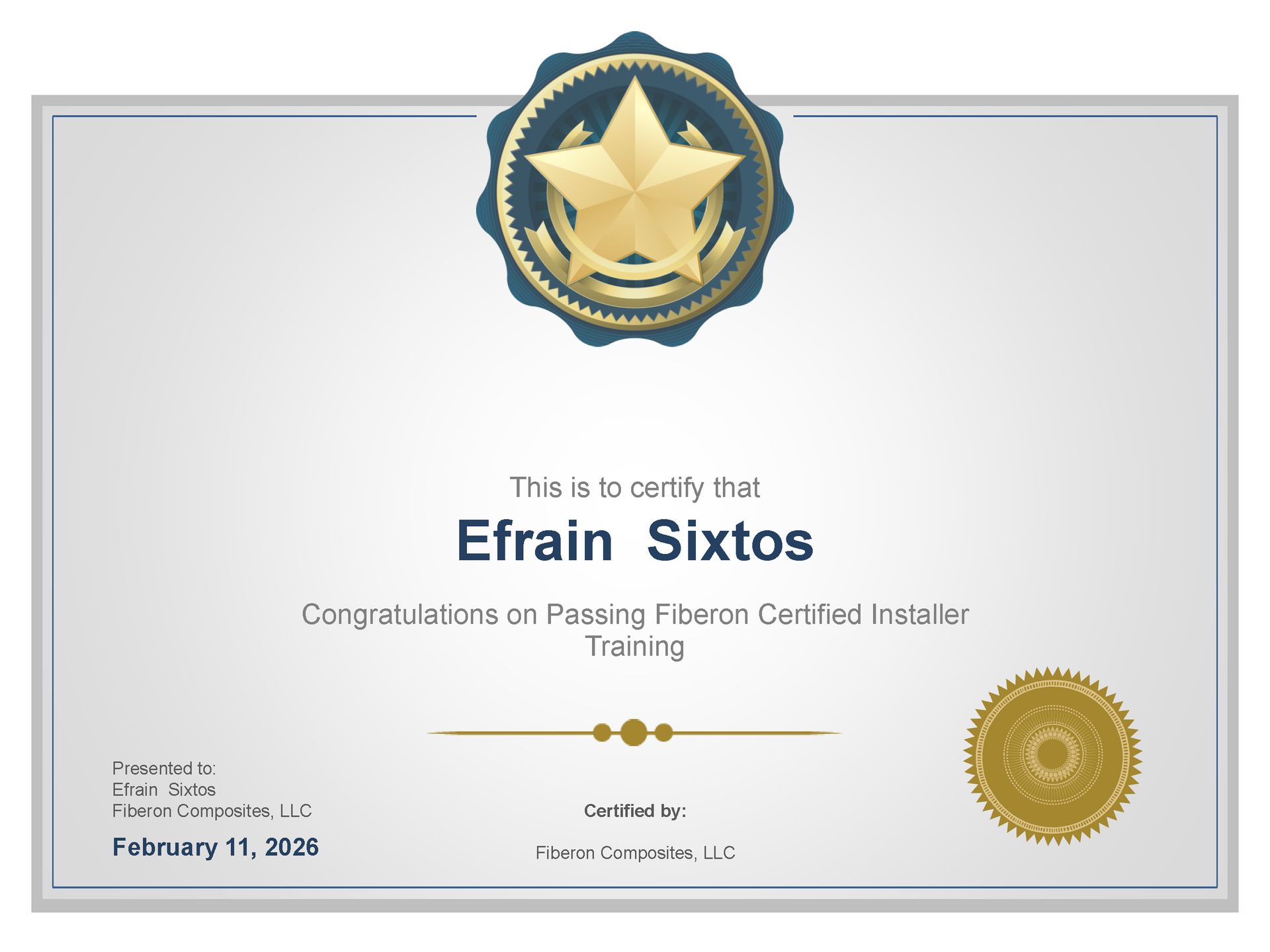 Certificate of completion for Efrain Sixtos, passing Fiberon Certified Installer Training. Features a gold star seal.