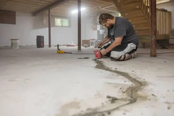 Contractor sealing a long crack in a concrete basement floor.