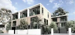 An artist 's impression of a row of houses with trees in the background.