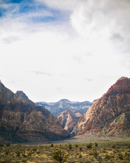 There are mountains in the background and a desert in the foreground.
