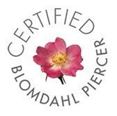 circular Certified Blomdahl Piercer badge with pink flower