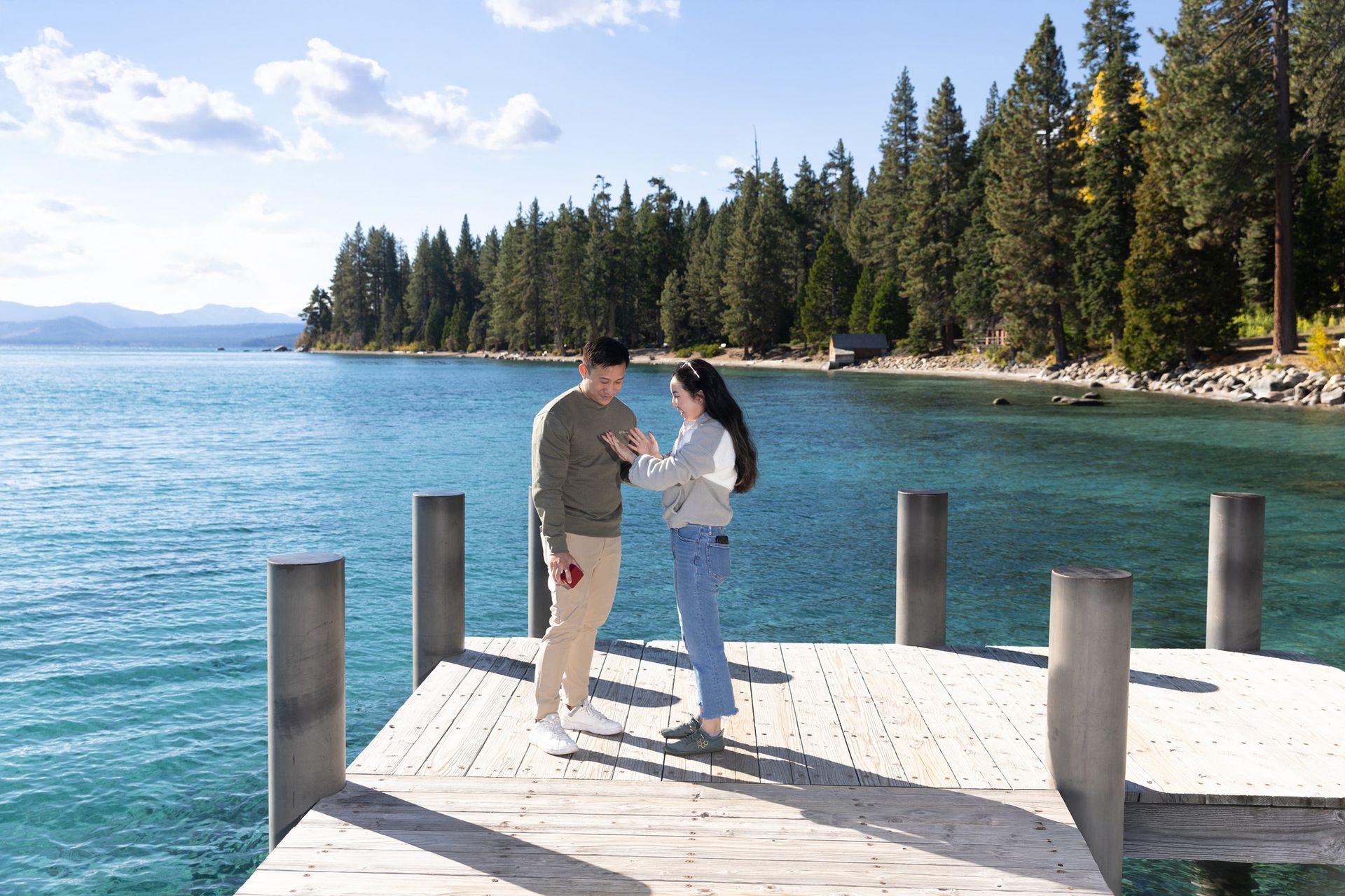 Candid moment of surprise as Amy reacts with joy to Arthur’s proposal in Tahoe.