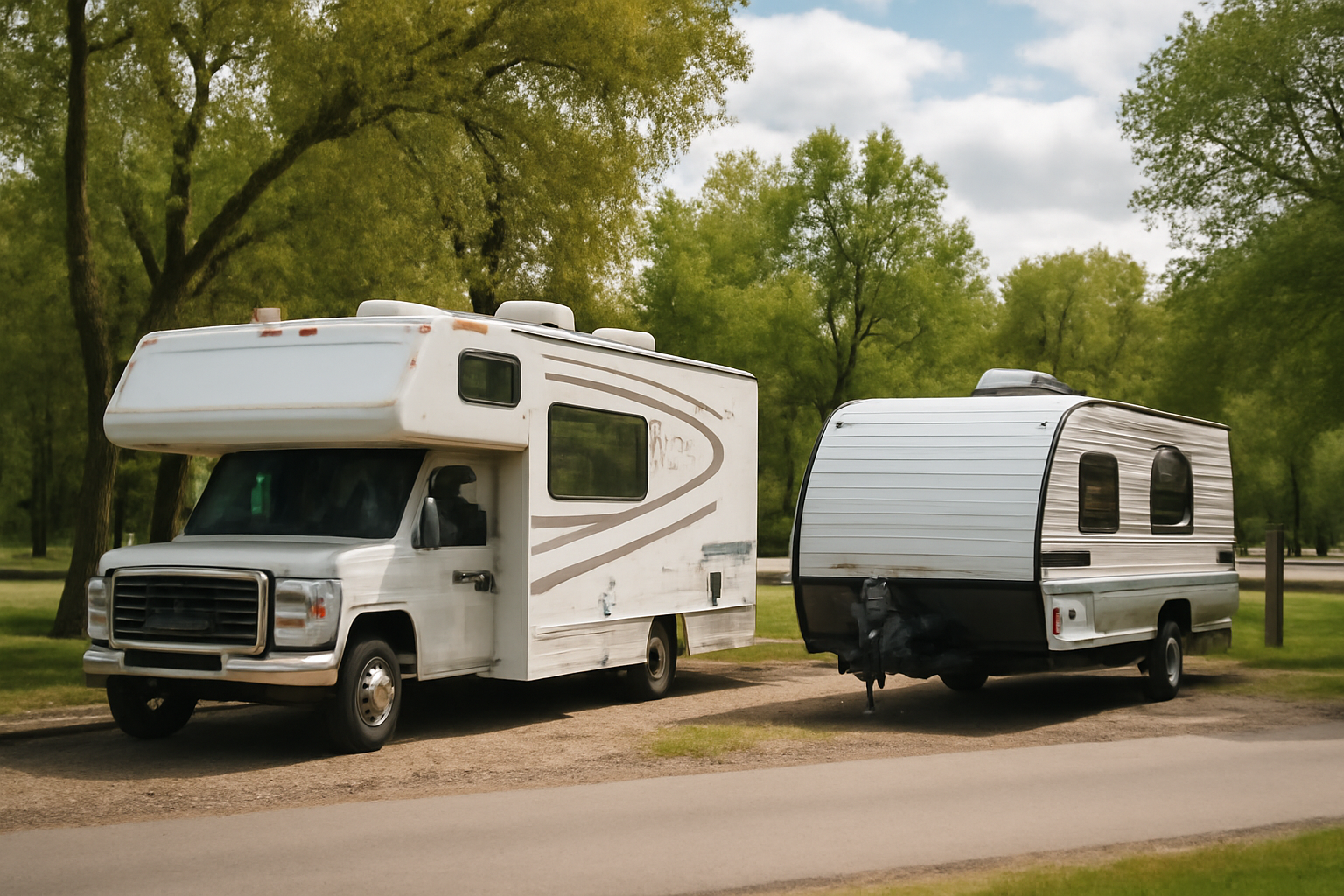 White RV and travel trailer parked on a paved road in a campground setting, surrounded by green trees.