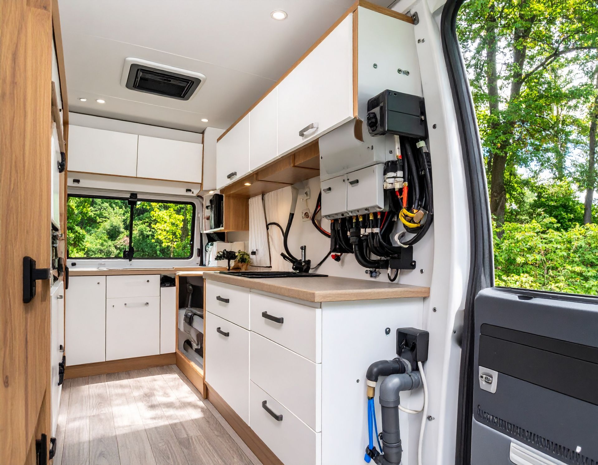 Interior view of a van's kitchen, featuring white cabinets with wood accents, a sink, and electrical components mounted on the side wall, with a window revealing a green forest.