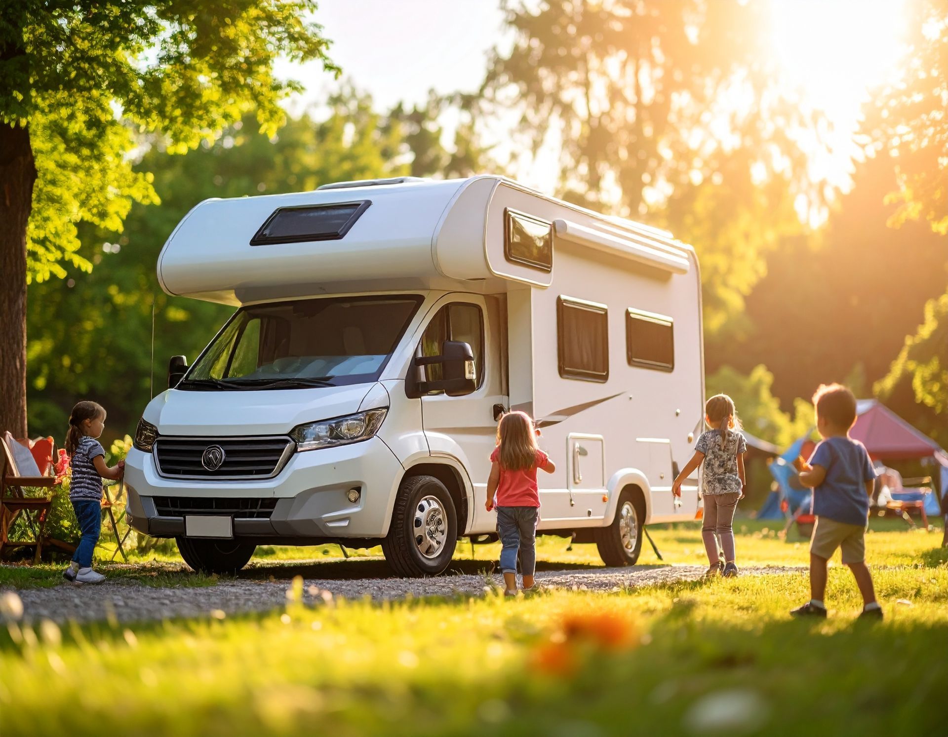 A white RV parked on a grassy lot with children playing nearby, bathed in golden sunlight.