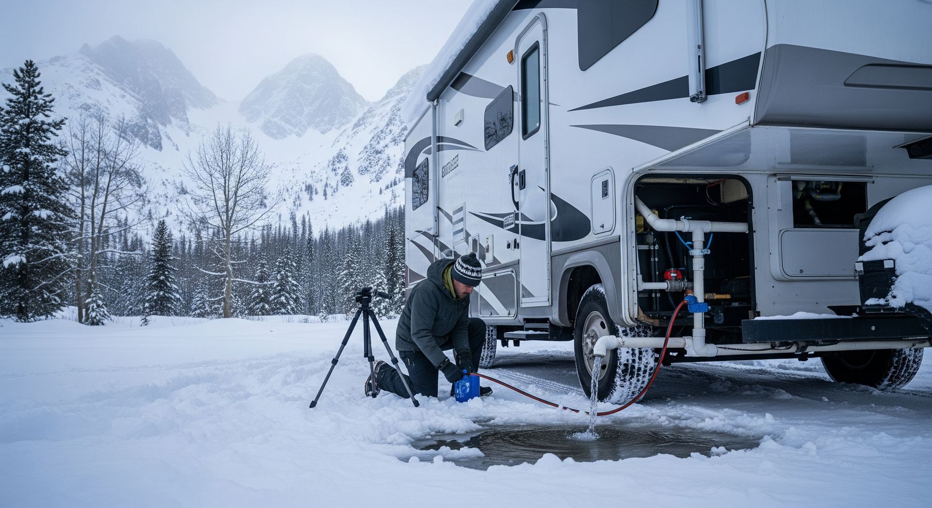 A person kneels by an RV in a snowy landscape, seemingly working on equipment. Mountains and trees are visible in the background.