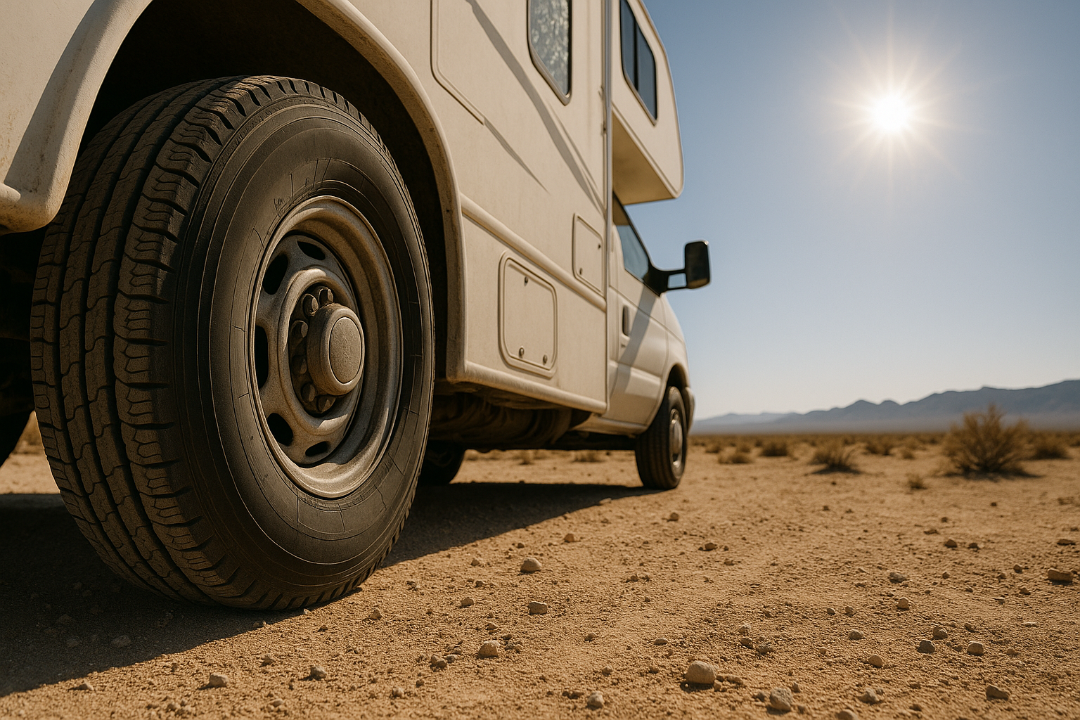 Close-up of a white RV parked on a dirt road in a desert. Bright sun in the background.