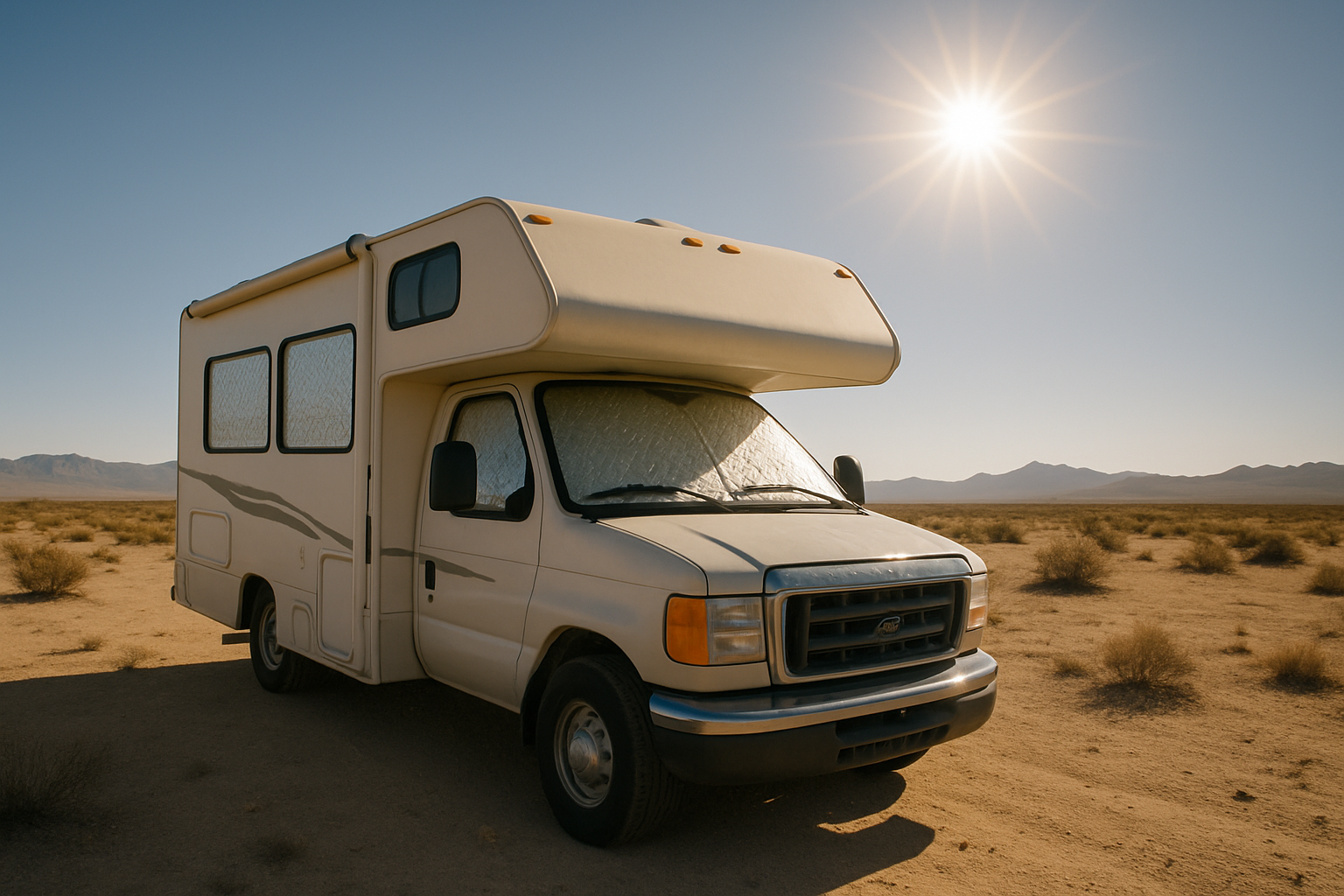 RV parked in a desert landscape on a sunny day. The RV is beige with a sun visor covering the windshield.