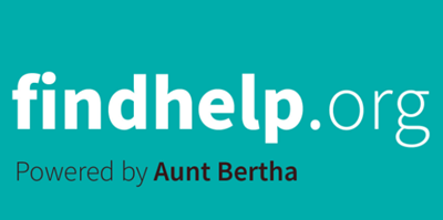Findhelp.org logo in white text on a teal background, powered by Aunt Bertha in white.