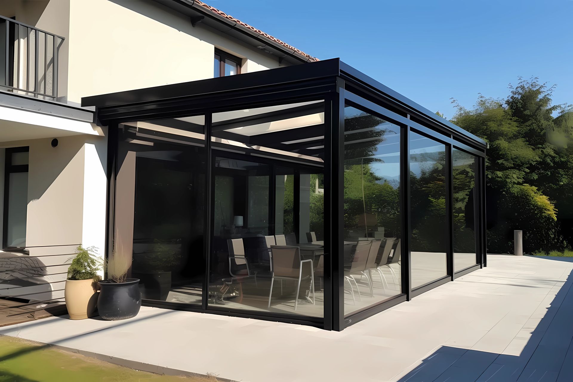 Black framed glass sunroom attached to a house with a dining table inside.