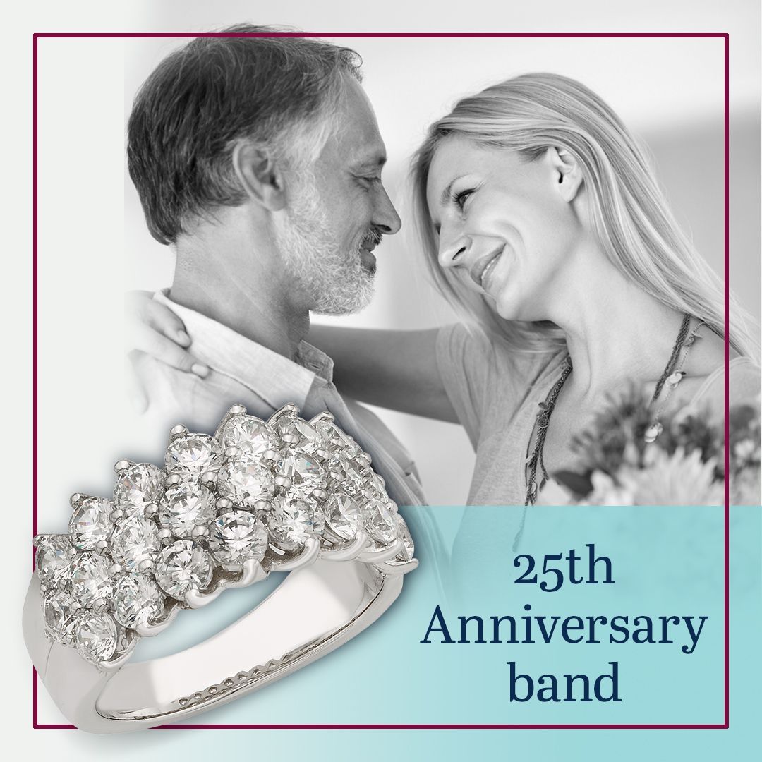 Couple embracing, smiling; silver ring with diamonds; text