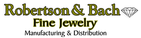 Logo for Robertson & Bach Fine Jewelry; text with a diamond illustration.