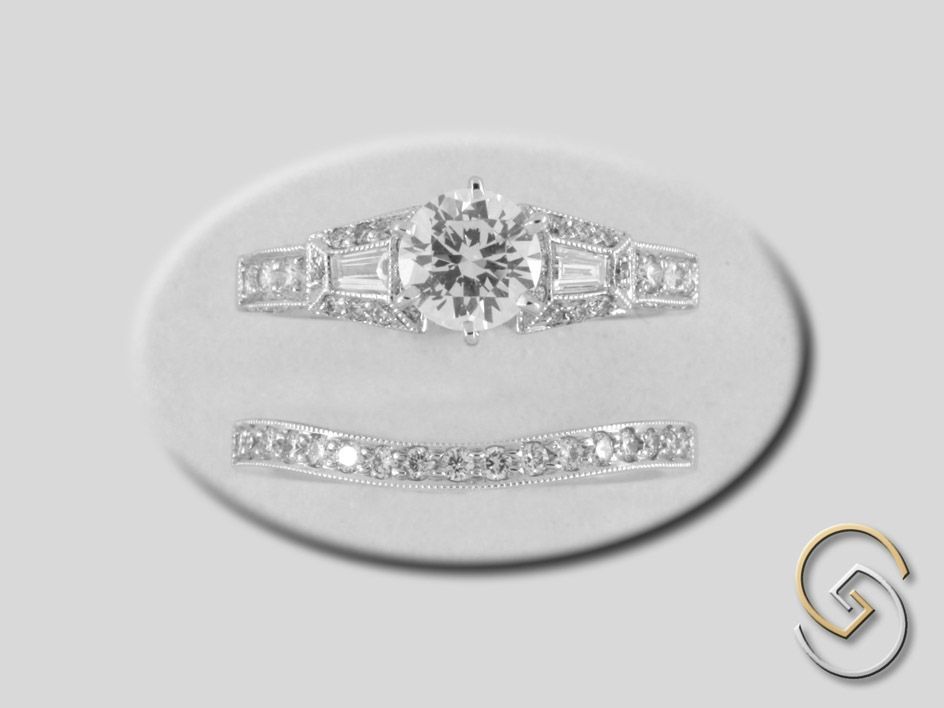 Diamond engagement ring set, featuring a round-cut center stone and a pave band.