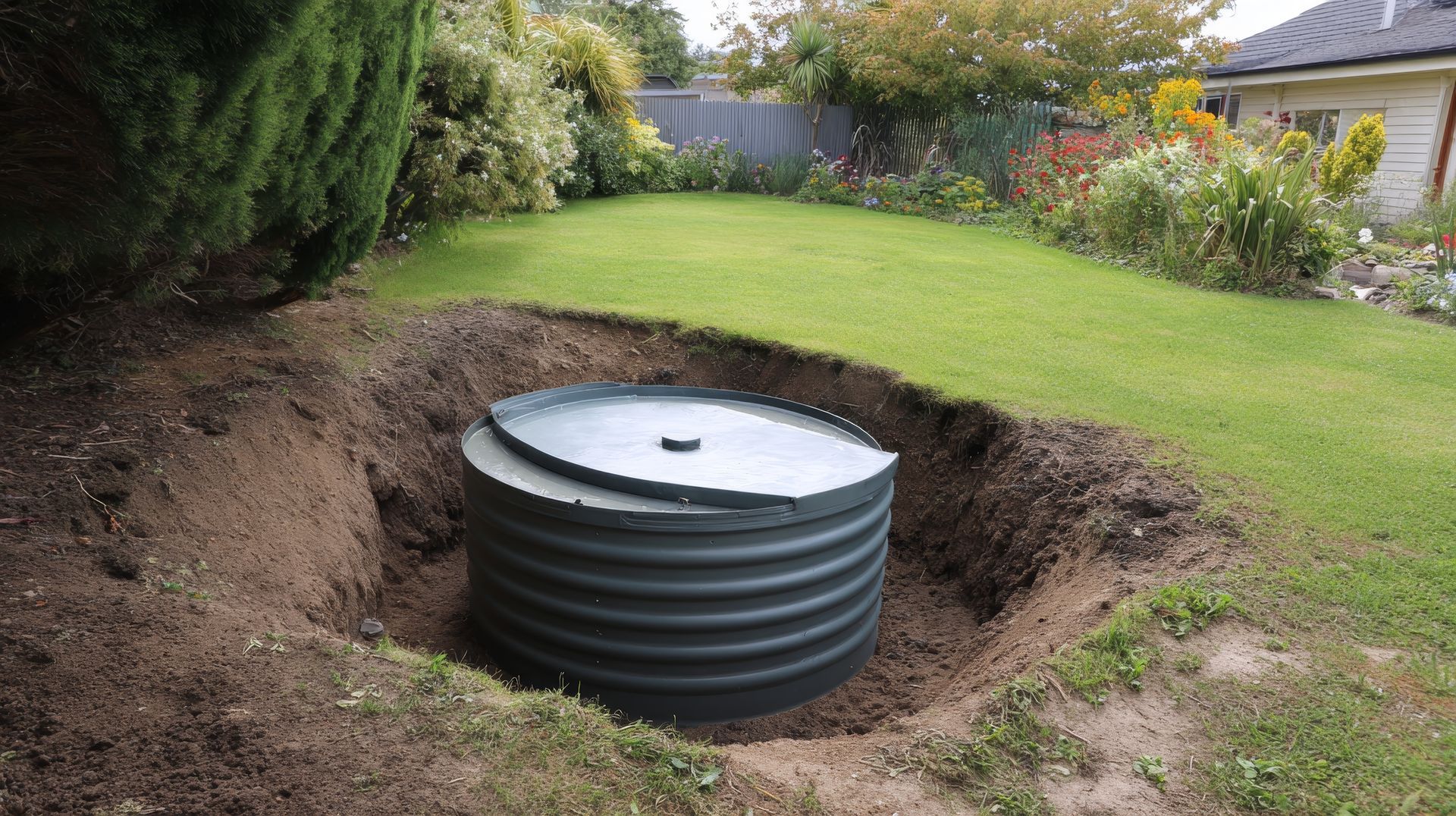 Picture of an underground water tank that has just been installed in the ground of a garden Picture of an underground water tank that has just been installed in the ground of a garden