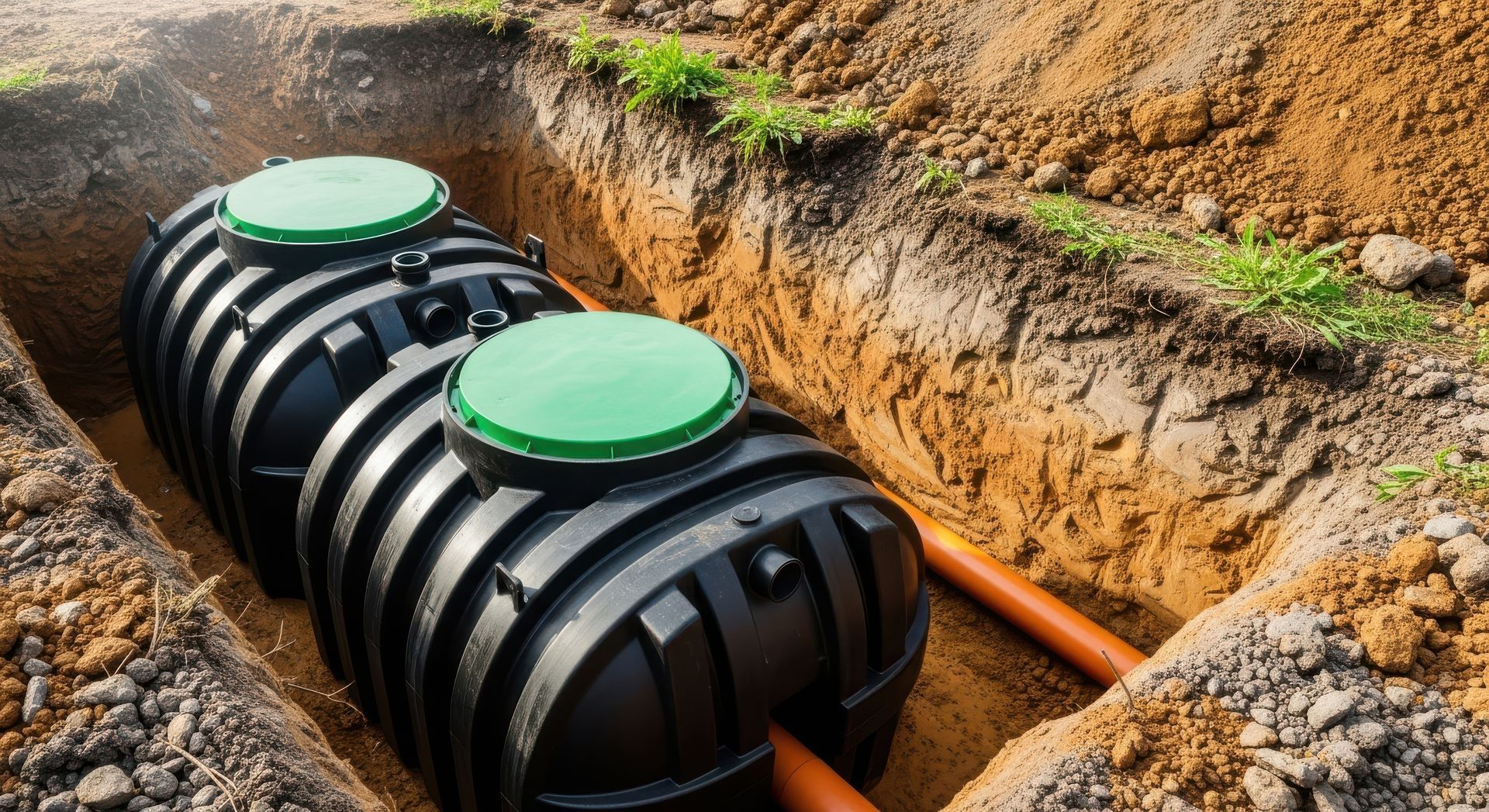 A newly installed septic tank sits in a trench, ready to manage wastewater efficiently