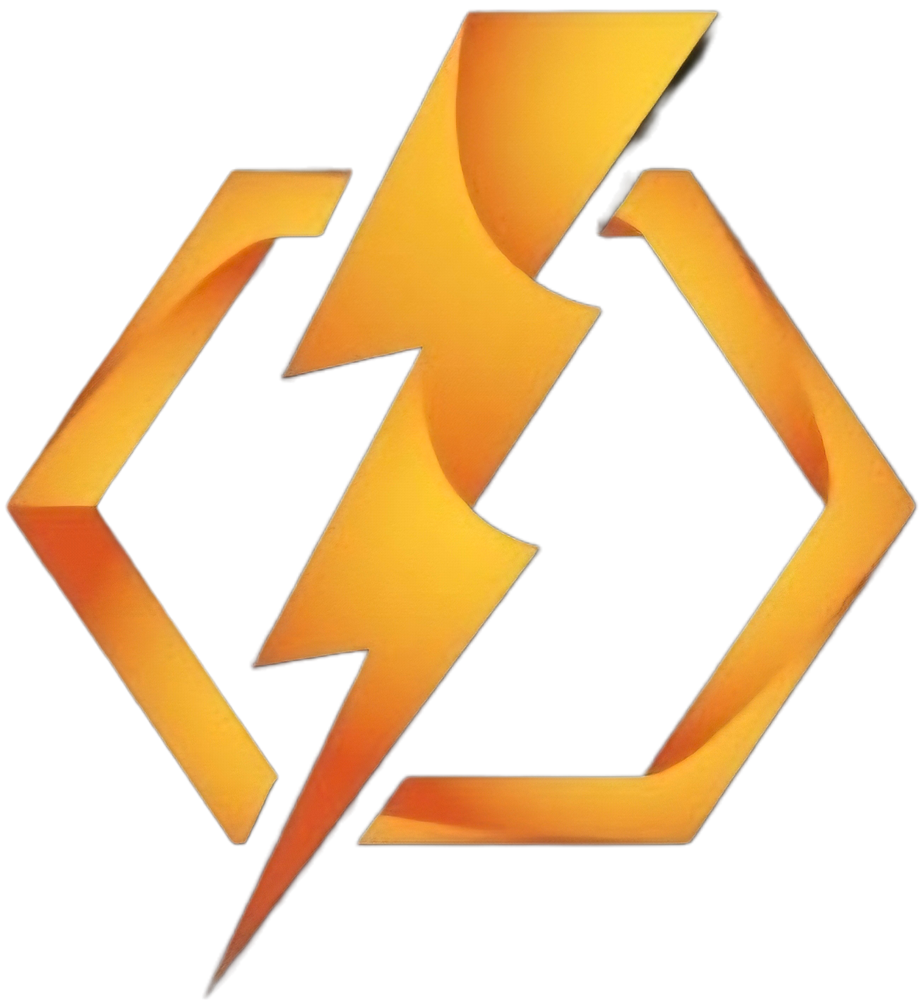 A yellow lightning bolt centered inside an open-ended hexagonal frame against a white background.